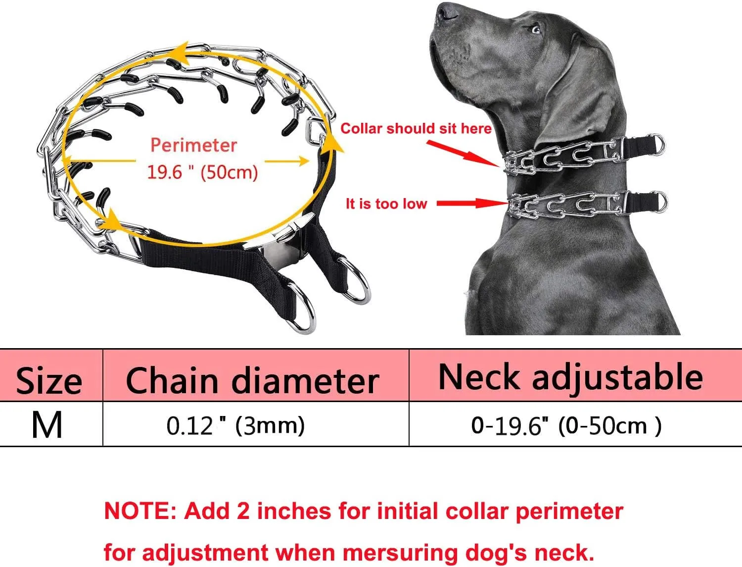 Dog Training Collar, Dog Prong Collar,High Strength Quick Release Metal Buckle,Comfort Rubber Tips,for Medium Dogs(3.0mm, 19.6-Inch, Black)