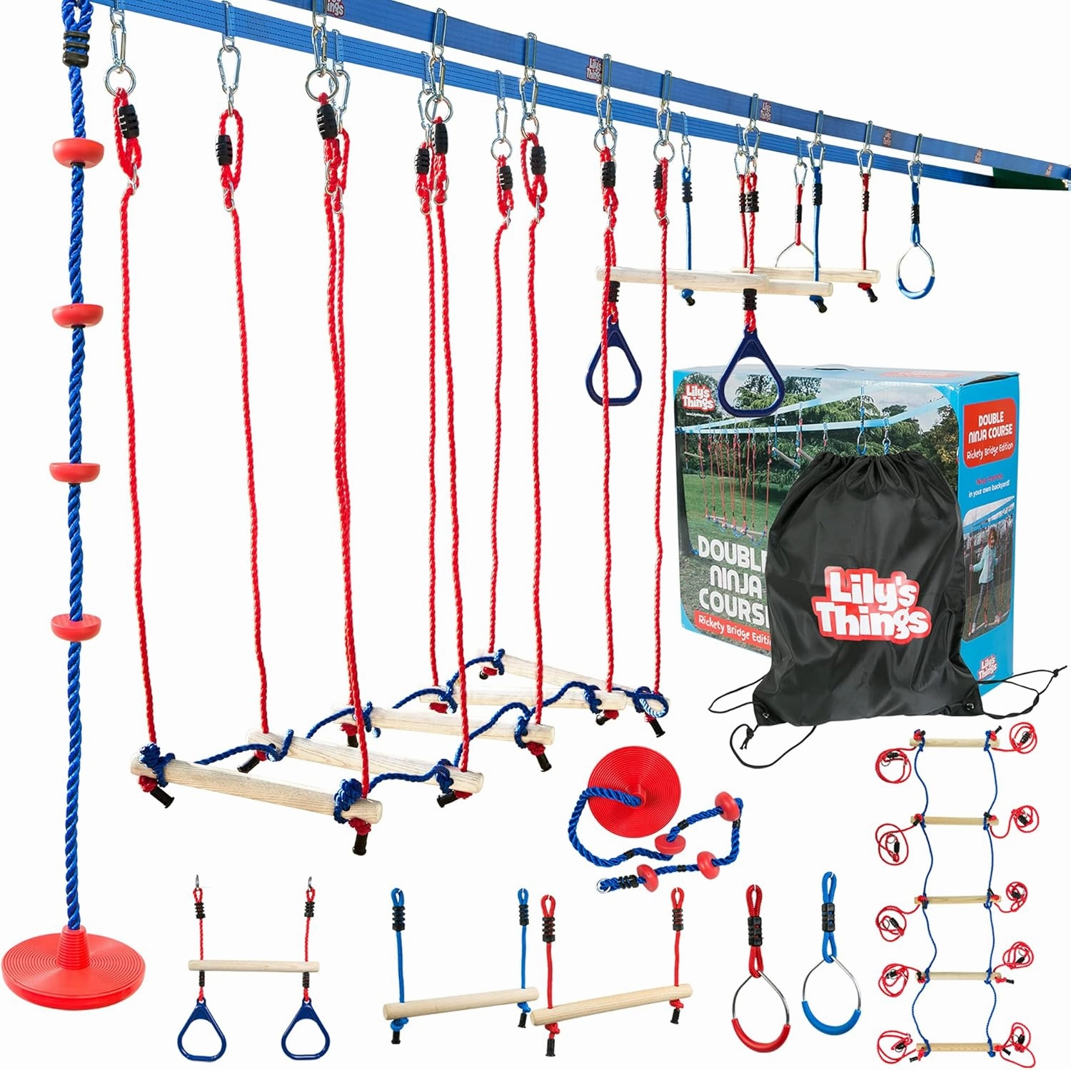 Double Ninja Slackline Obstacle Course | 80 Ft | Ninja Warrior Obstacle Course Accessories | Monkey Bars | Climbing Rope | Ninja Rings | Trapeze Swing Bar | Rickety Bridge Edition -Patent Double Line