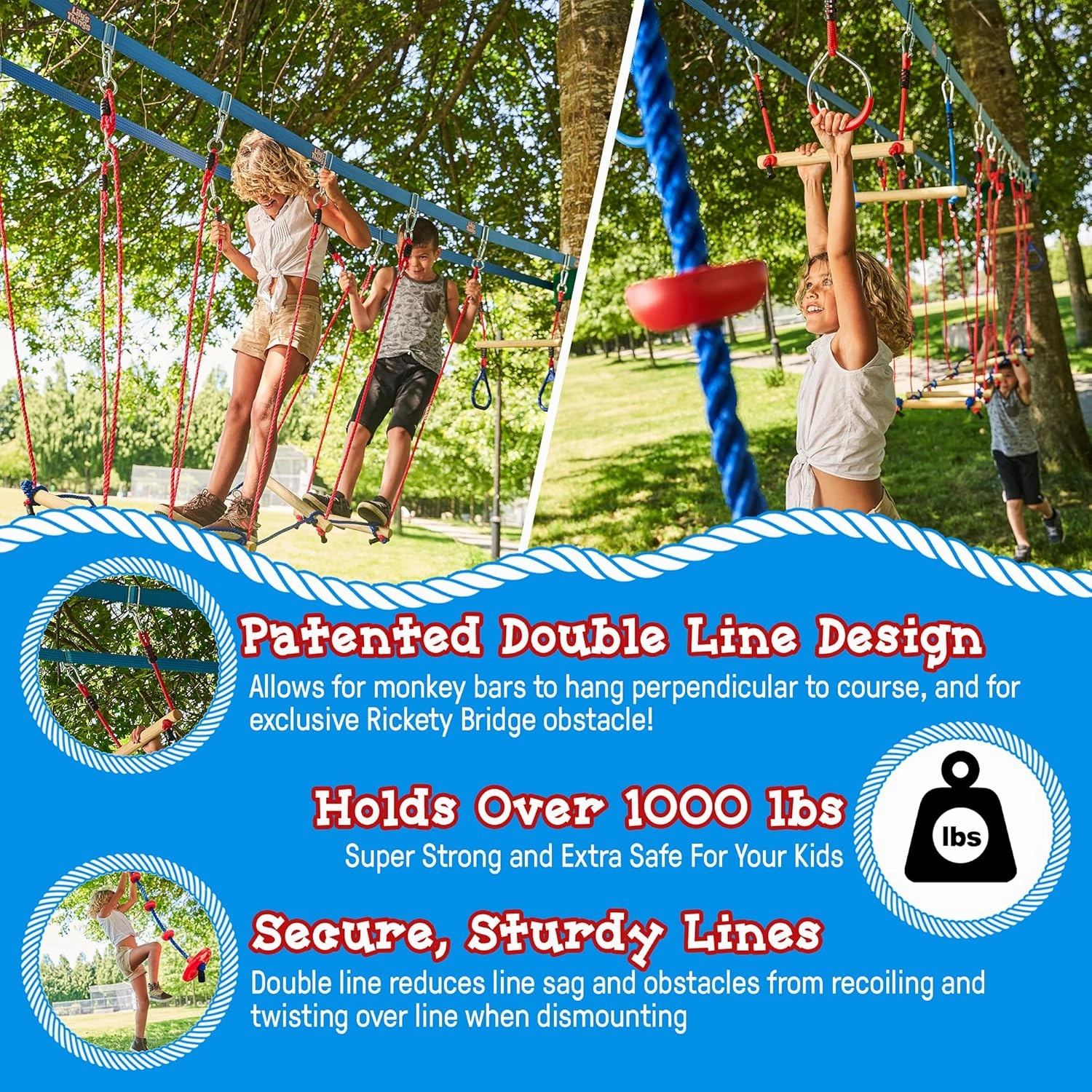 Double Ninja Slackline Obstacle Course | 80 Ft | Ninja Warrior Obstacle Course Accessories | Monkey Bars | Climbing Rope | Ninja Rings | Trapeze Swing Bar | Rickety Bridge Edition -Patent Double Line