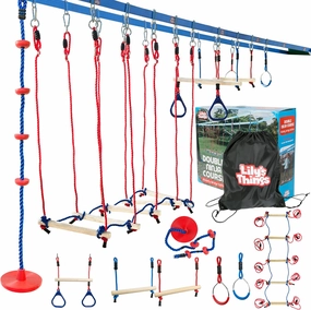 Double Ninja Slackline Obstacle Course | 80 Ft | Ninja Warrior Obstacle Course Accessories | Monkey Bars | Climbing Rope | Ninja Rings | Trapeze Swing Bar | Rickety Bridge Edition -Patent Double Line