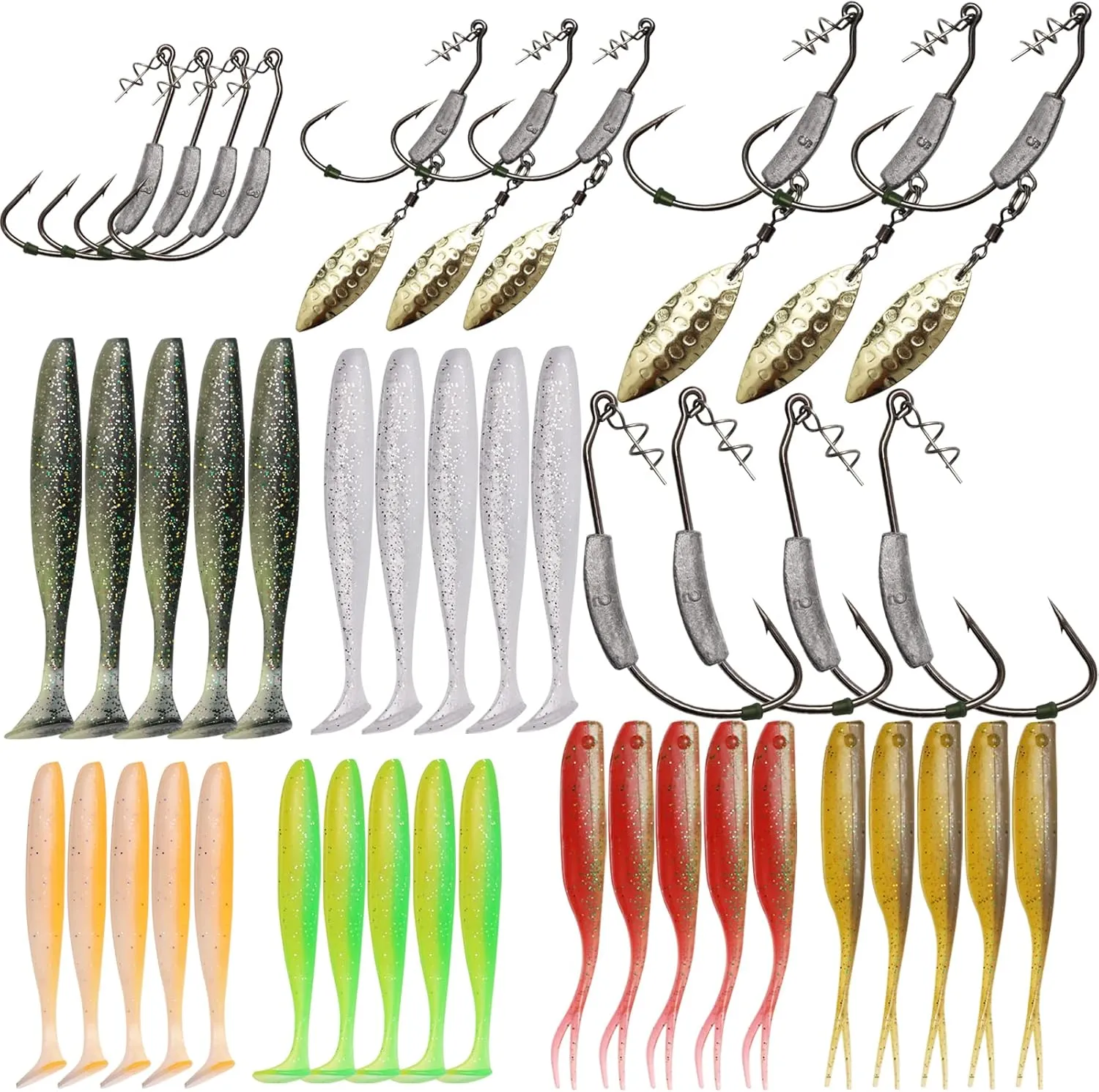 Dovesun 12PCS/44PCS Weighted Swimbait Hooks Weighted Fishing Hooks Saltwater Freshwater Worm Weedless Hooks for Bass Fishing 3/0 4/0 5/0