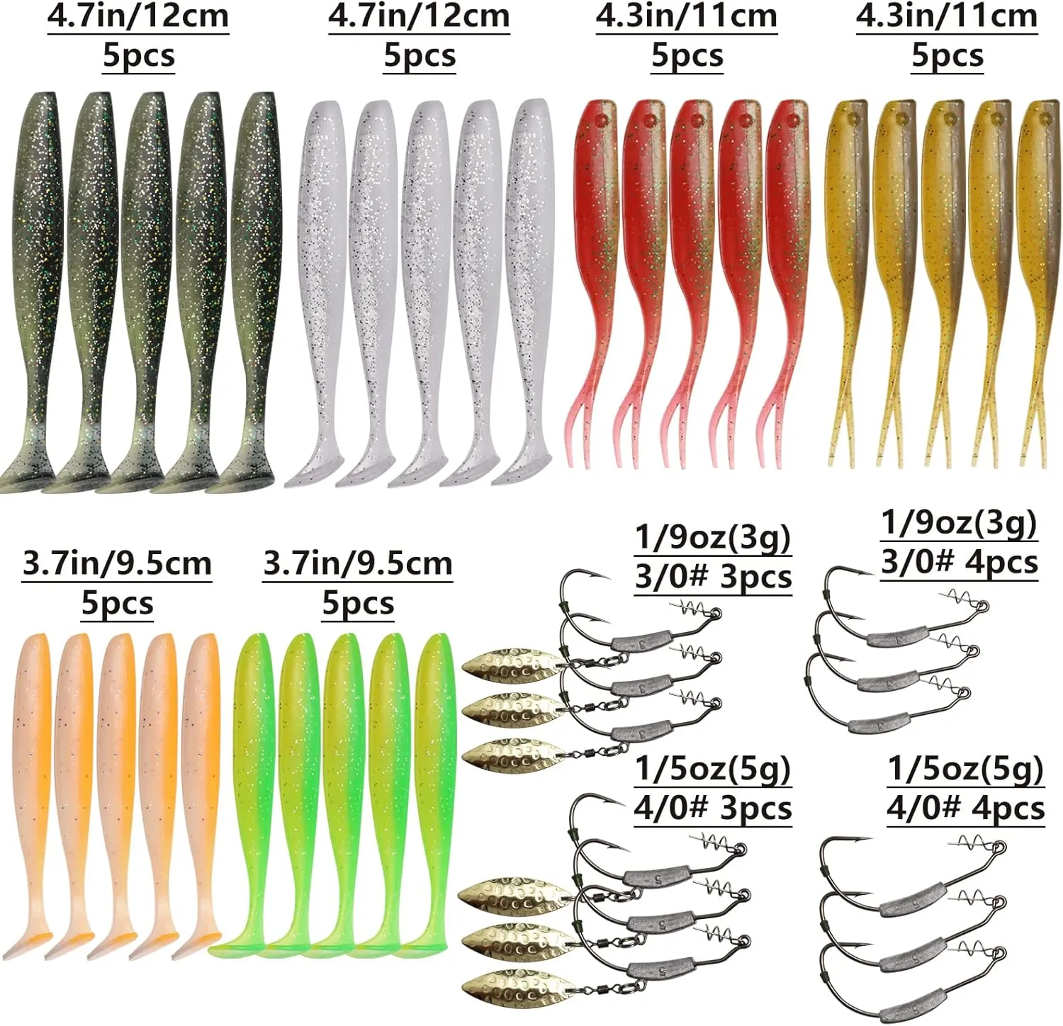 Dovesun 12PCS/44PCS Weighted Swimbait Hooks Weighted Fishing Hooks Saltwater Freshwater Worm Weedless Hooks for Bass Fishing 3/0 4/0 5/0