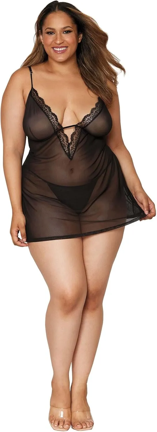Dreamgirl womens Plus Size Stretch Mesh Chemise & Robe Set