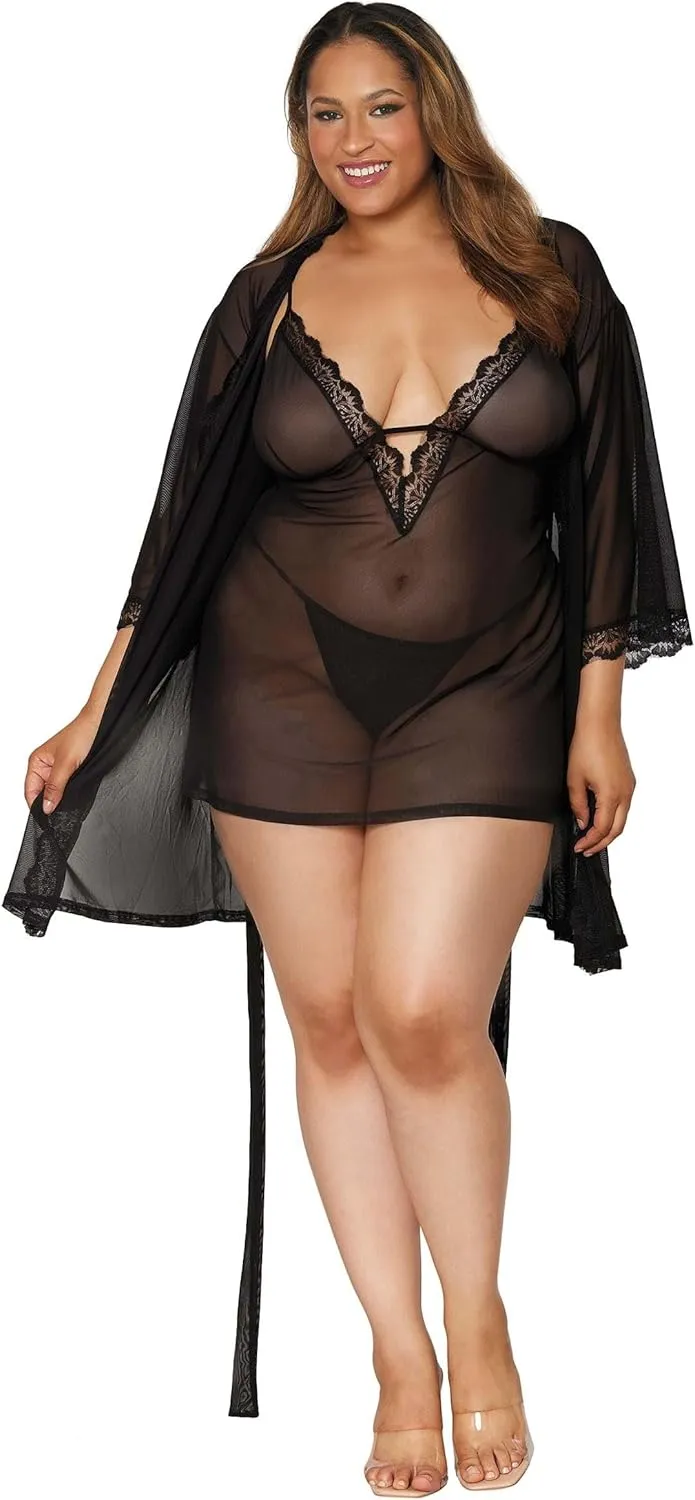 Dreamgirl womens Plus Size Stretch Mesh Chemise & Robe Set