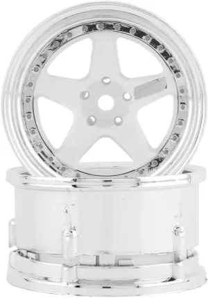 Drift Element 1/10 RC Car Drift Rims Wheels, 2PCS Set, 5-Spoke, Adjustable Offset, Fits Yokomo YD MD RD, MST RMX, Reve D RDX, Redcat RDS, HPI, Tamiya TT & More (White w/Chrome Lip)
