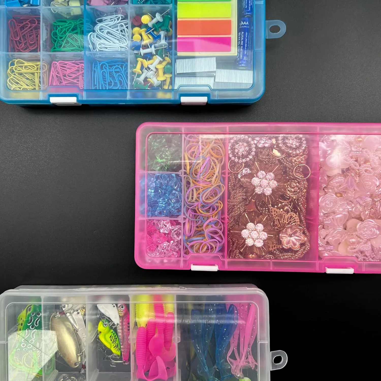 DUOFIRE Plastic Organizer Container Storage Box Adjustable Divider Removable Grid Compartment for Jewelry Beads Earring Tool Fishing Hook Small Accessories(18 grids, 2White-Pink-Blue)
