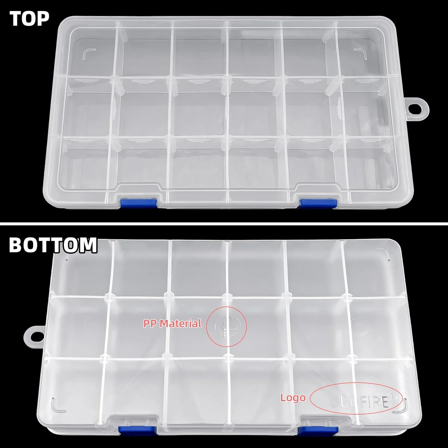 DUOFIRE Plastic Organizer Container Storage Box Adjustable Divider Removable Grid Compartment for Jewelry Beads Earring Tool Fishing Hook Small Accessories(18 grids, 2White-Pink-Blue)
