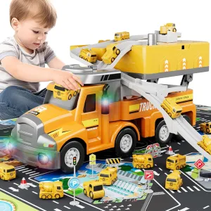 Dwi Dowellin Construction Truck for Kids Ages 3-5, Trucks Transport Car with 4 Mini Vehicles & Playmat,Truck Toys with Light and Music,Toddlers Toys Gift for 3-4 Year Old Boy and Girl (Yellow)