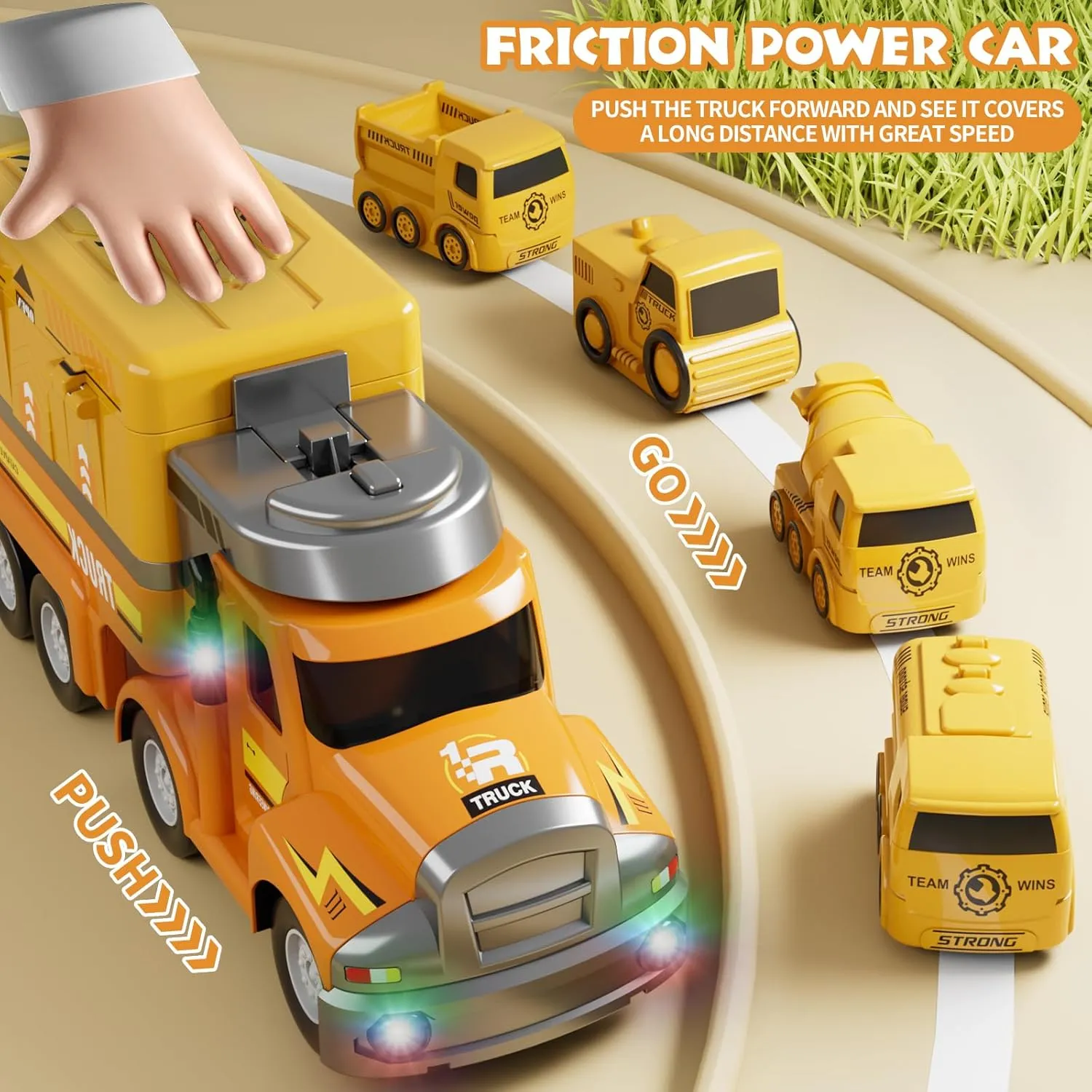 Dwi Dowellin Construction Truck for Kids Ages 3-5, Trucks Transport Car with 4 Mini Vehicles & Playmat,Truck Toys with Light and Music,Toddlers Toys Gift for 3-4 Year Old Boy and Girl (Yellow)