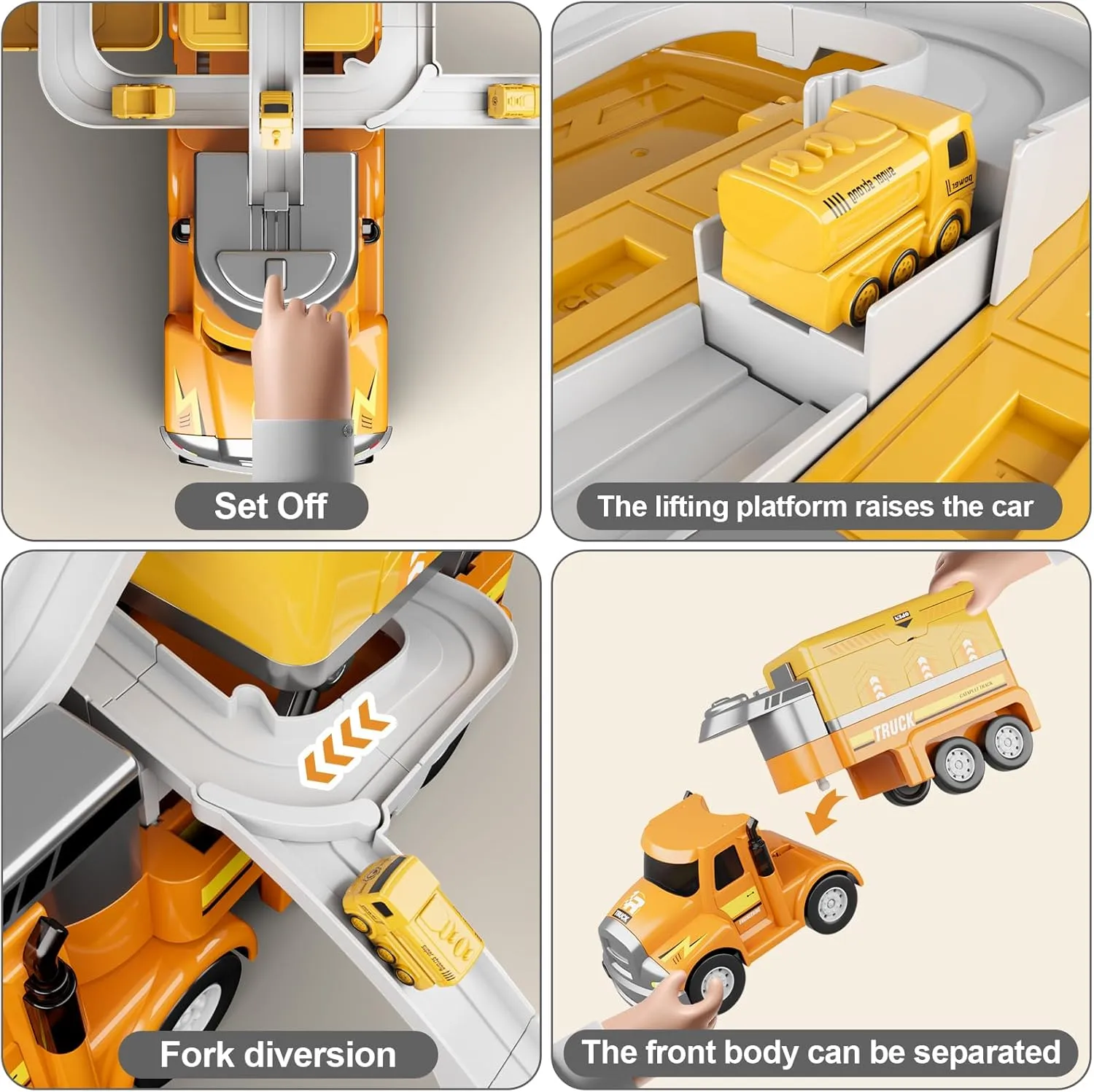 Dwi Dowellin Construction Truck for Kids Ages 3-5, Trucks Transport Car with 4 Mini Vehicles & Playmat,Truck Toys with Light and Music,Toddlers Toys Gift for 3-4 Year Old Boy and Girl (Yellow)