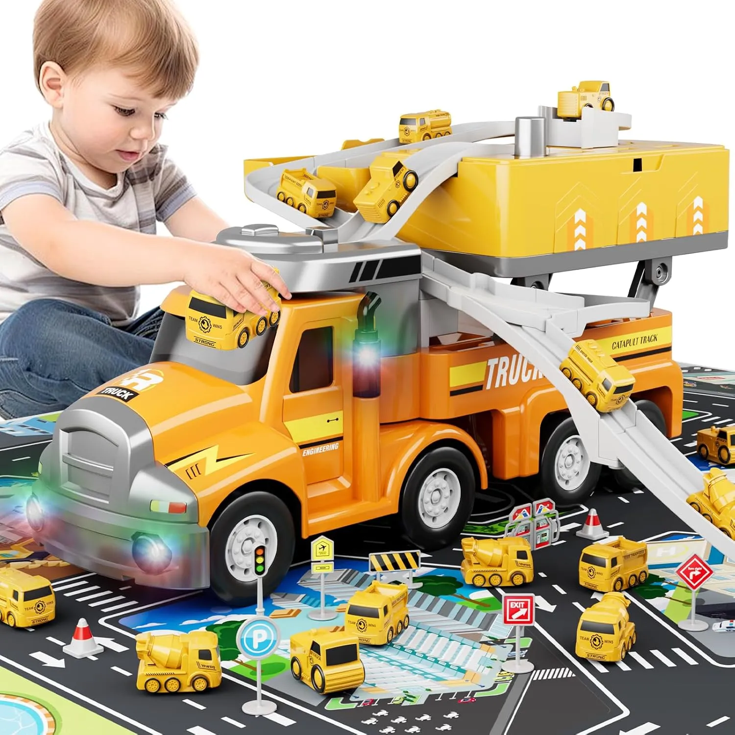 Dwi Dowellin Construction Truck for Kids Ages 3-5, Trucks Transport Car with 4 Mini Vehicles & Playmat,Truck Toys with Light and Music,Toddlers Toys Gift for 3-4 Year Old Boy and Girl (Yellow)