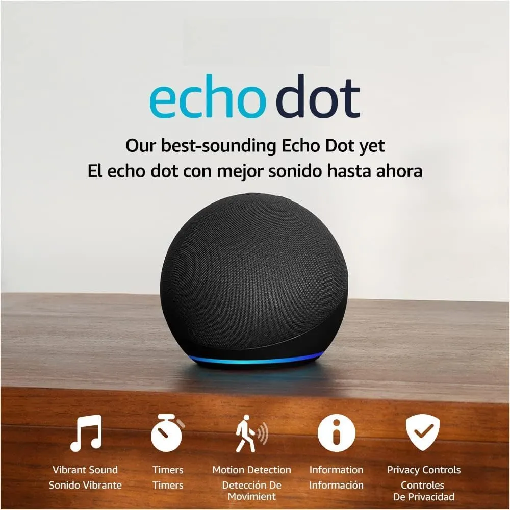 Echo Dot (5th Gen, 2022 release) | International Version with US Power Adaptor | Smart speaker with Alexa | Charcoal