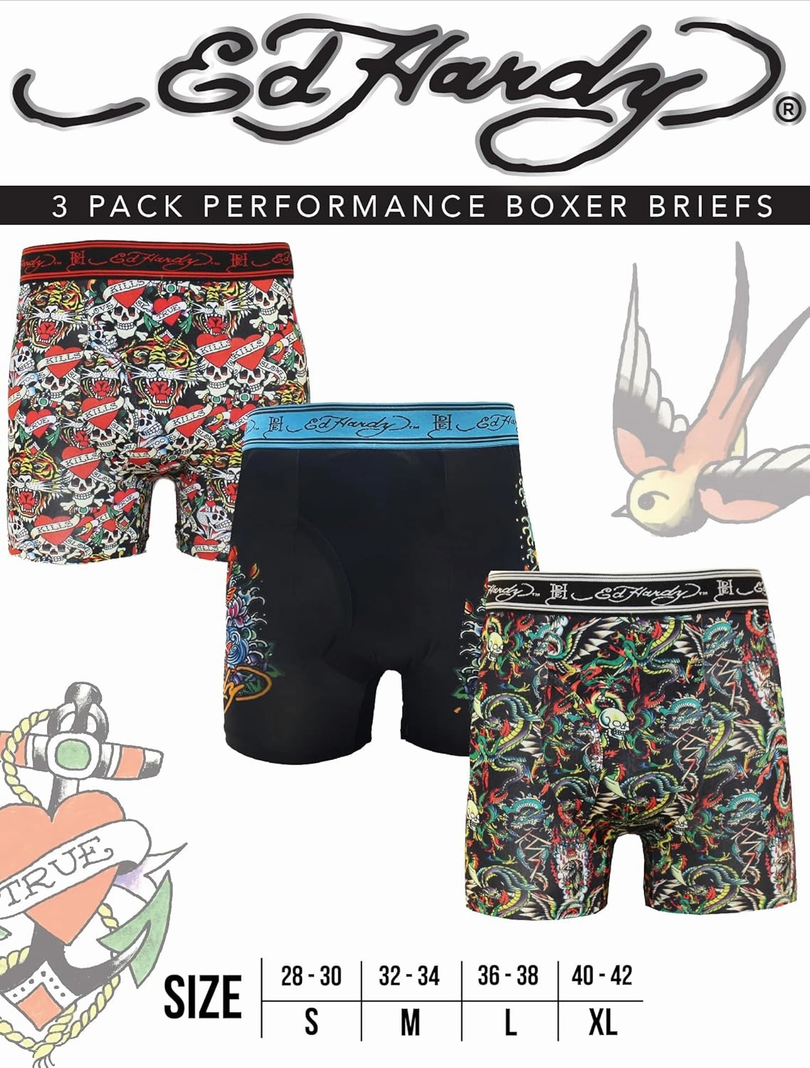 ED HARDY Mens Boxer Briefs Active Stretch Breathable Underwear, Comfortable Gym Boxer Briefs- Multipack