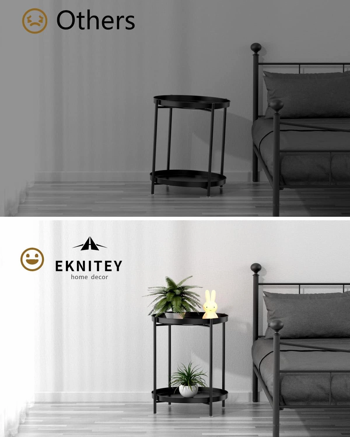 EKNITEY 2 Tier End Table - Metal Side Table Waterproof Small Sofa Coffee Side Tables Bedroom Indoor Outdoor with Removable Tray for Living Room Bedroom Balcony and Office (Black)