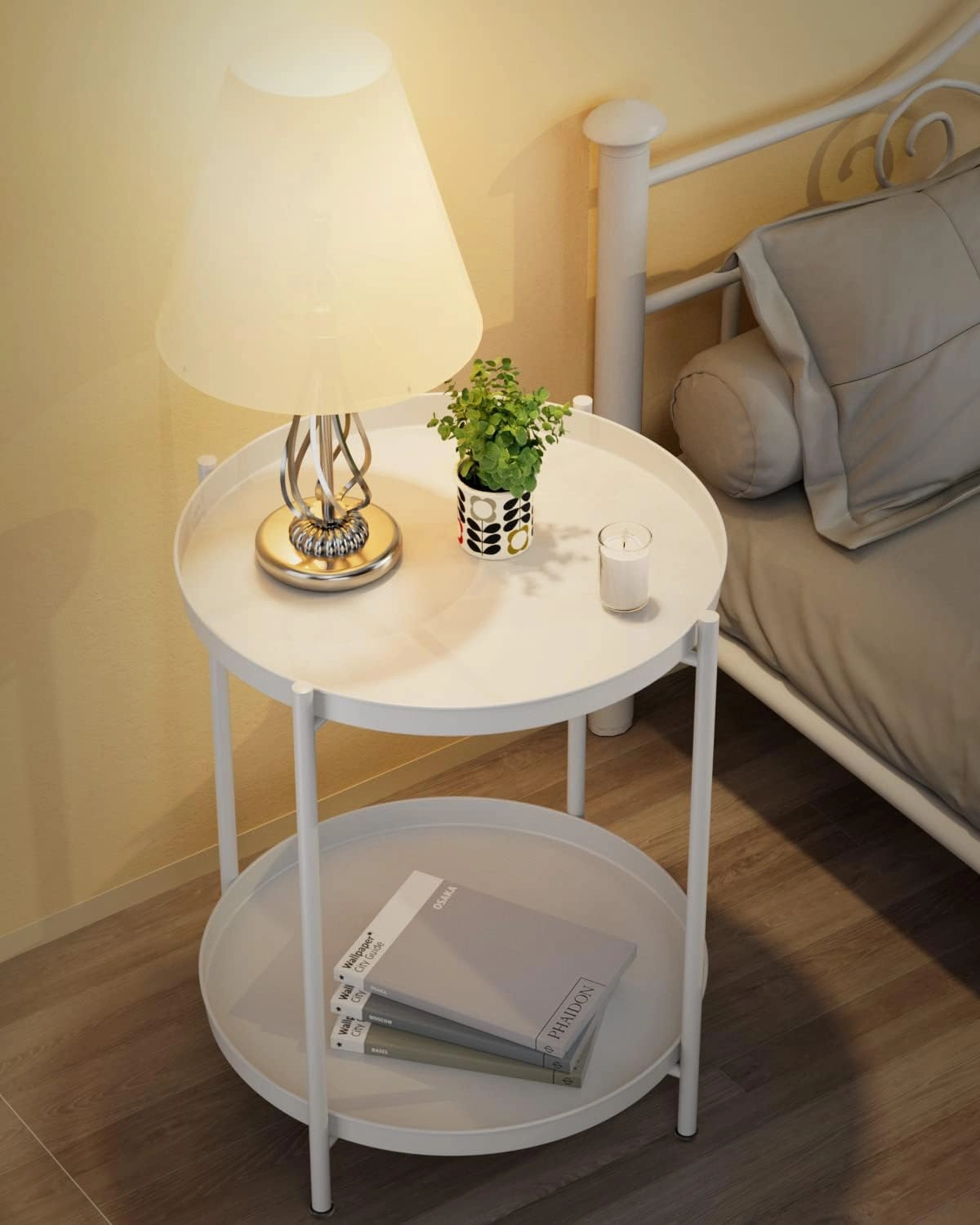 EKNITEY 2 Tier End Table - Metal Side Table Waterproof Small Sofa Coffee Side Tables Bedroom Indoor Outdoor with Removable Tray for Living Room Bedroom Balcony and Office (White)
