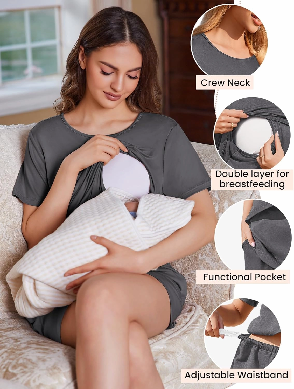 Ekouaer 2 Pack Women's Nursing Pajamas Set Double Layer Maternity Pjs Postpartum Loungewear Set Breastfeeding Tops & Shorts
