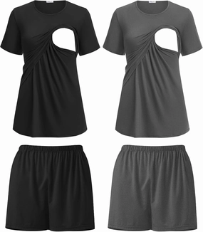 Ekouaer 2 Pack Women's Nursing Pajamas Set Double Layer Maternity Pjs Postpartum Loungewear Set Breastfeeding Tops & Shorts