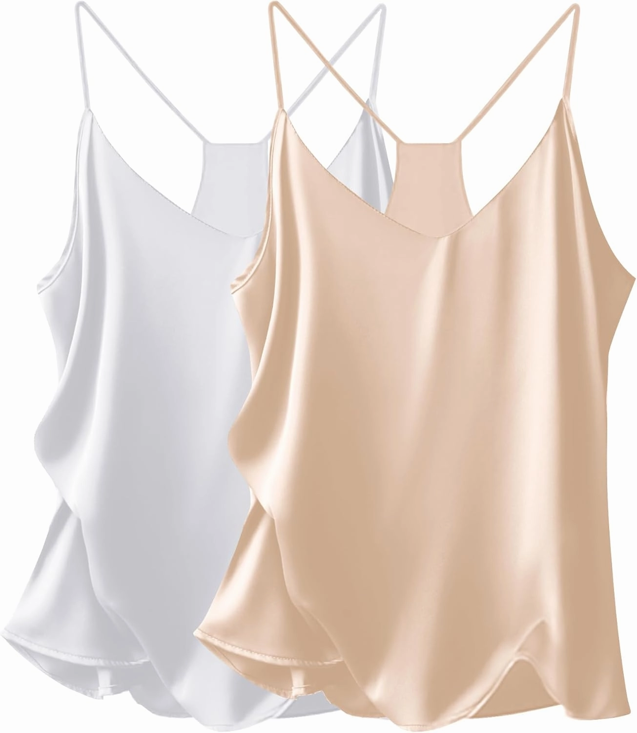 Ekouaer Womens Satin Cami Tops 2 Pack V Neck Silk Camisole Tank Top Spaghetti Strap Racerback Camis Blouse Shirt