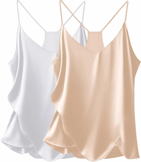 Ekouaer Womens Satin Cami Tops 2 Pack V Neck Silk Camisole Tank Top Spaghetti Strap Racerback Camis Blouse Shirt