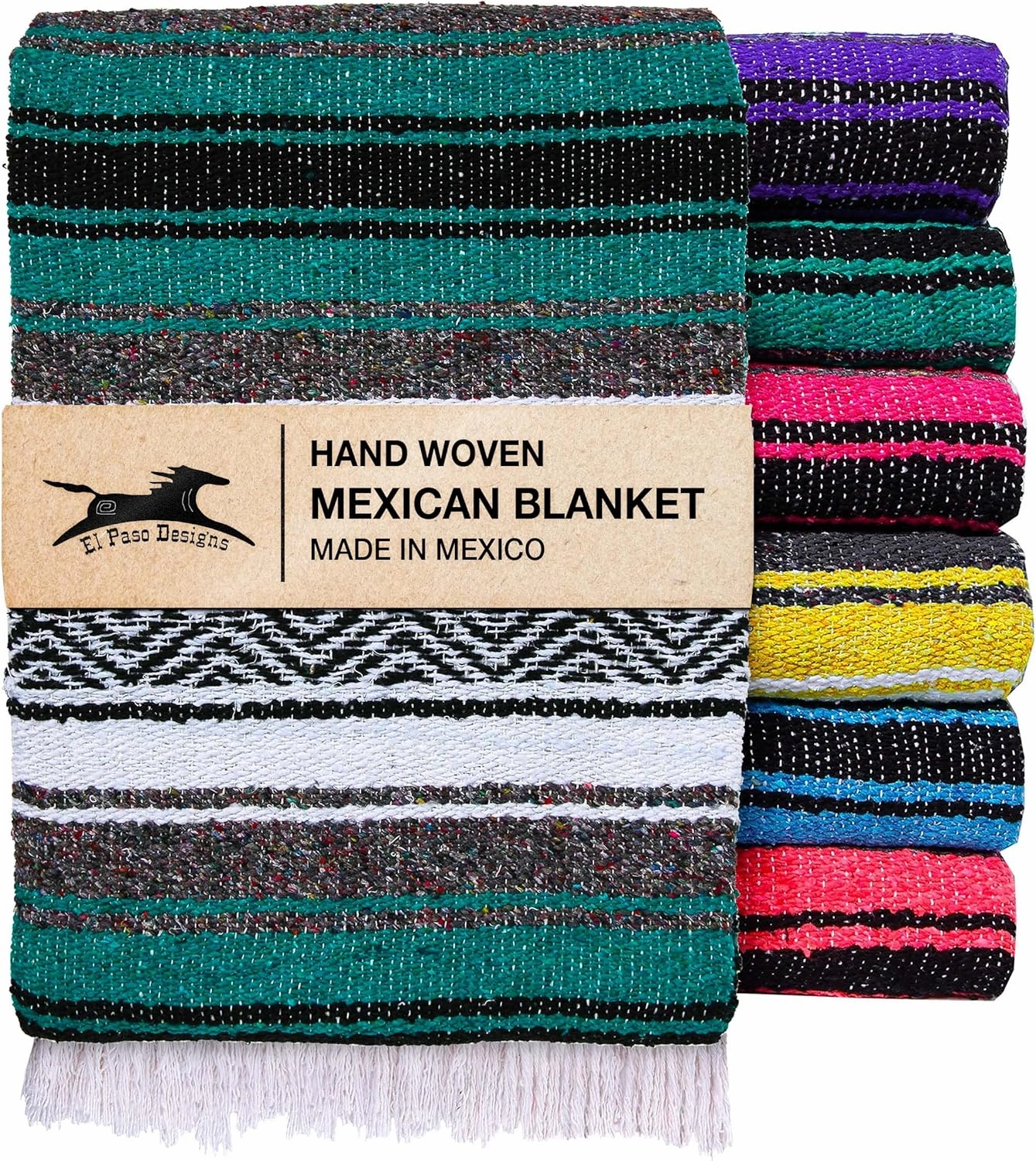 El Paso Designs Mexican Yoga Blanket | Colorful Falsa Serape | Park Blanket, Yoga Towel, Picnic, Beach Blanket, Patio Blanket, Soft Woven Saddle Blanket, Boho Home Décor (Esmeralda)