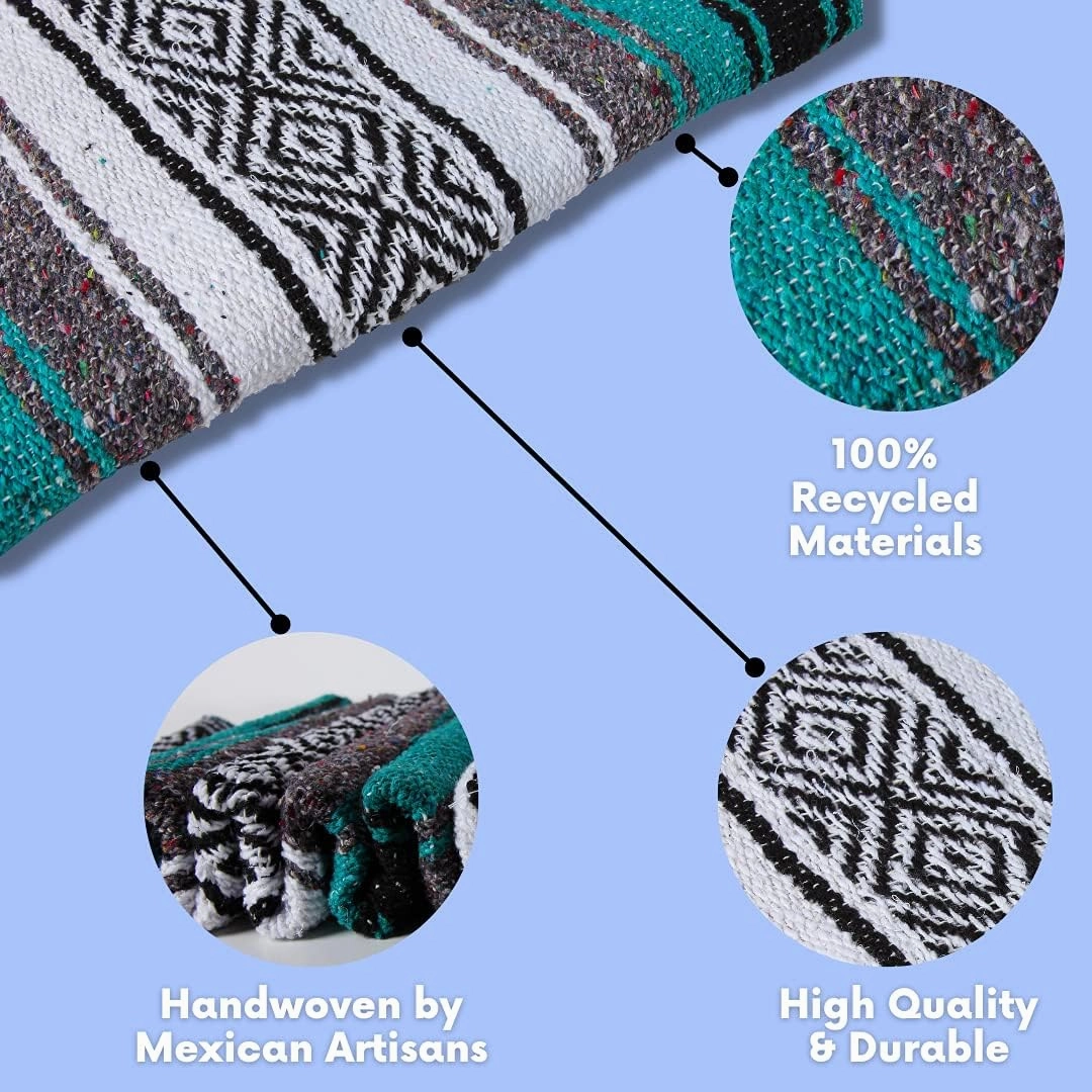 El Paso Designs Mexican Yoga Blanket | Colorful Falsa Serape | Park Blanket, Yoga Towel, Picnic, Beach Blanket, Patio Blanket, Soft Woven Saddle Blanket, Boho Home Décor (Esmeralda)