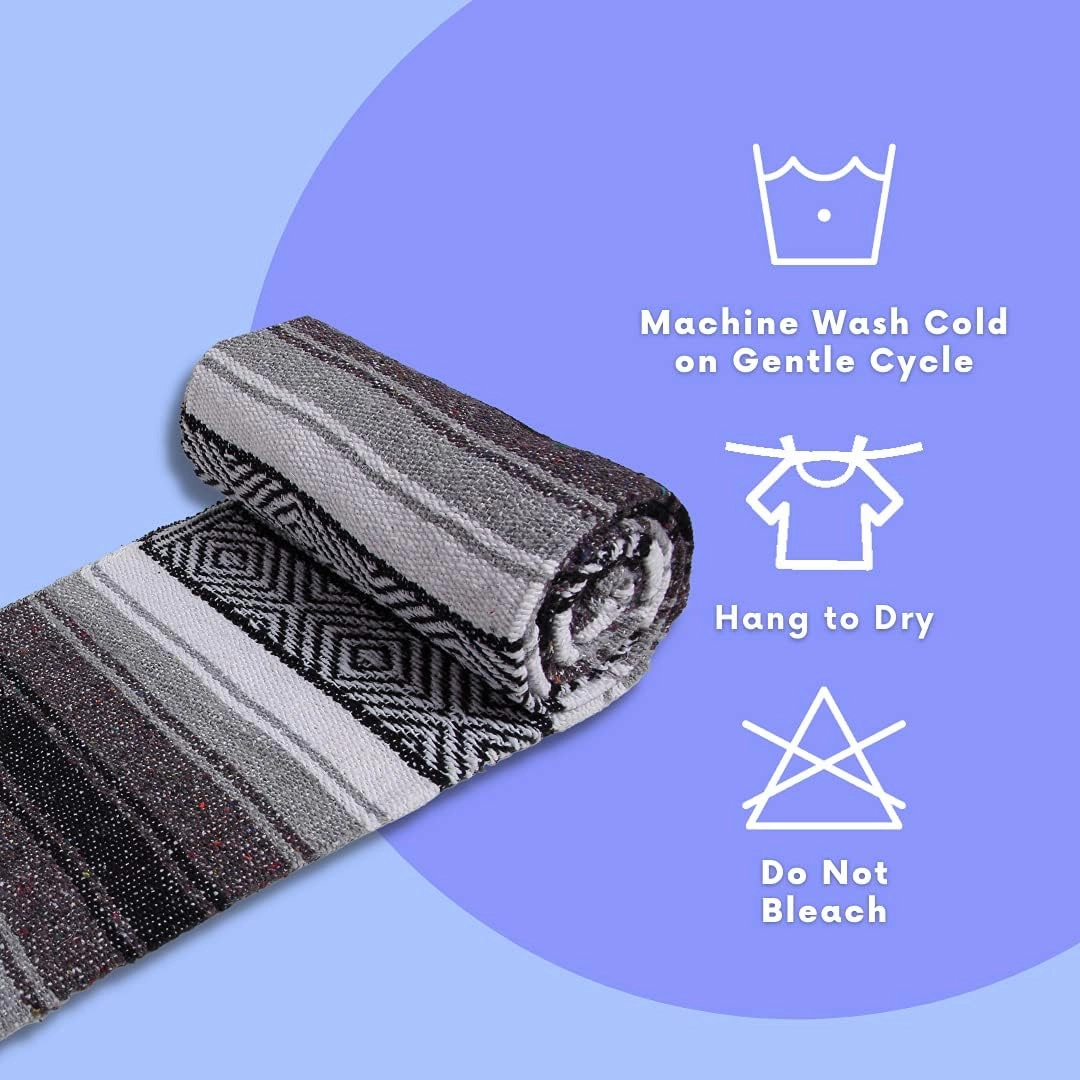 El Paso Designs Mexican Yoga Blanket | Colorful Falsa Serape Park Yoga Towel Picnic Beach Patio Soft Woven Saddle Boho Home Decor (Black and Gray)
