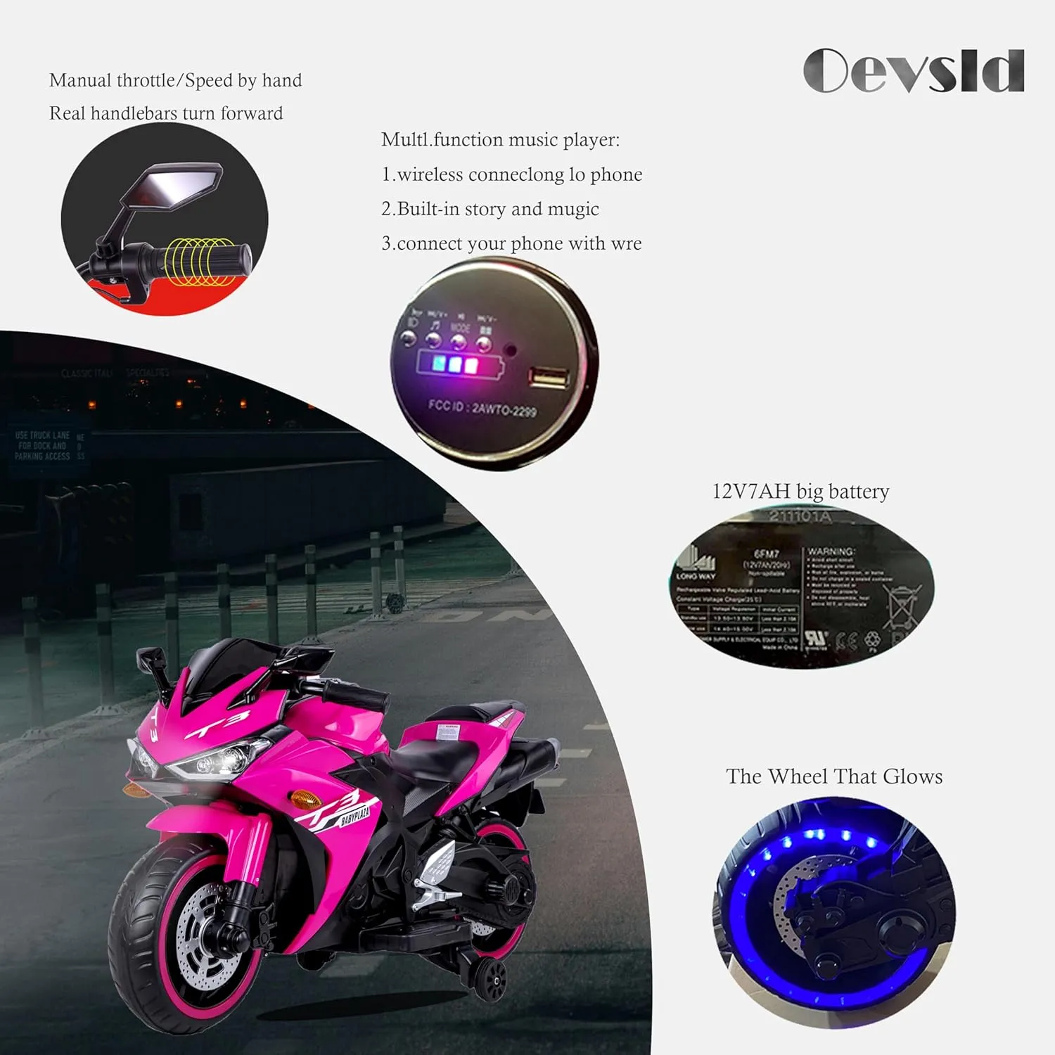 Electric Motorcycle - 12V Electric Bicycle, Manual Throttle, LED Wheels, Music, Suitable for Outdoor Riding (Pink  Plastic  50-99 pounds)