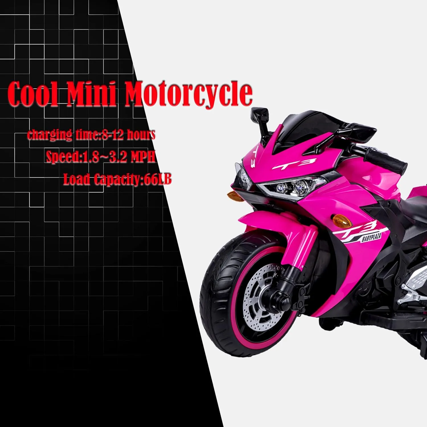 Electric Motorcycle - 12V Electric Bicycle, Manual Throttle, LED Wheels, Music, Suitable for Outdoor Riding (Pink  Plastic  50-99 pounds)
