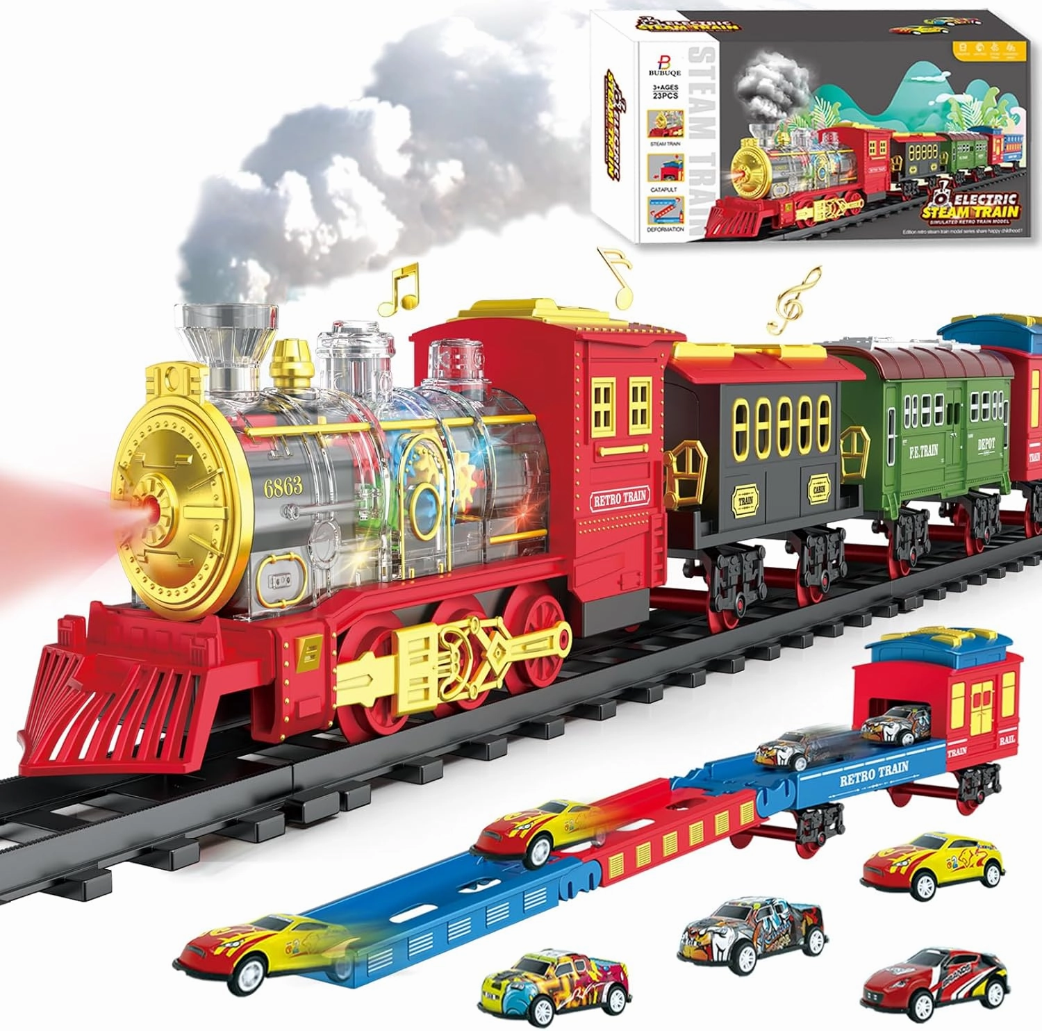 Electric Train Set Christmas Train Toys for Boys with Smokes, Lights and Sound (ON/Off) Rechargeable Train Set Under Christmas Tree, Toddler Model Trains for 3 4 5 6 7 8  Years Old Kids Gifts