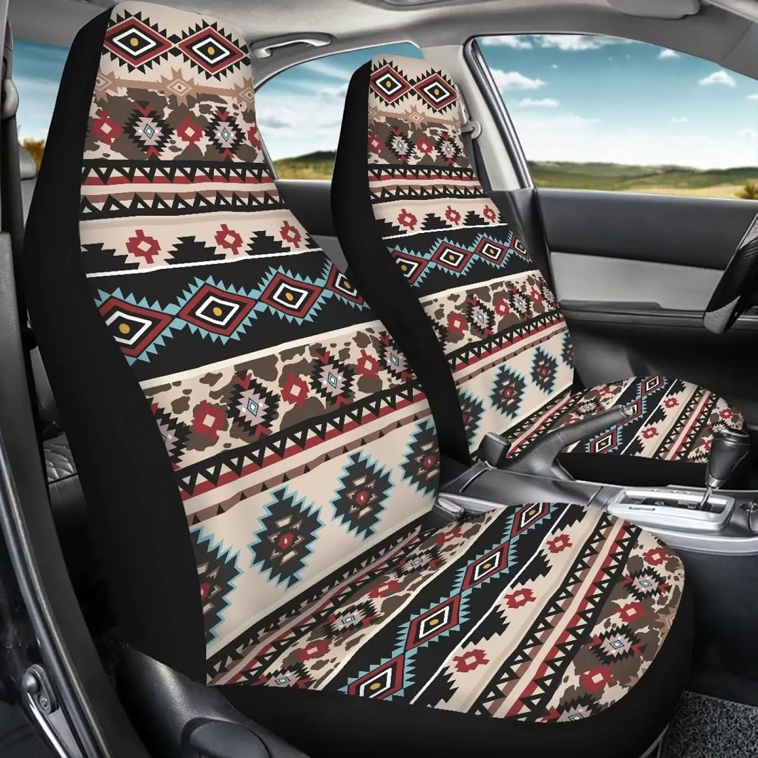 ELEQIN Aztec Geometric Car Seat Covers Two Front Only for Car, Automotive Interior Covers, Airbag Compatible, Quick Setup Universal Fit Seat Covers for Car, Truck, SUV