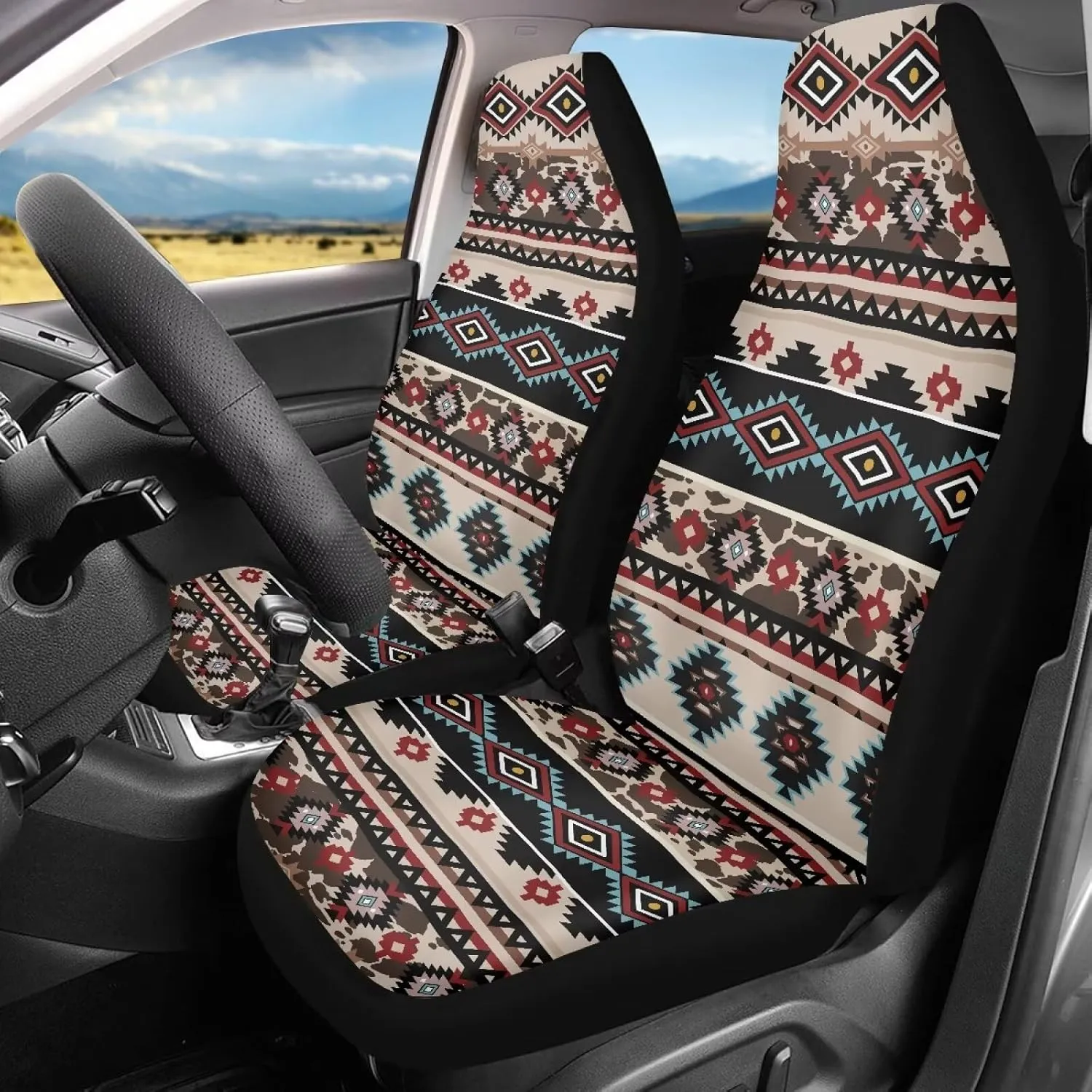 ELEQIN Aztec Geometric Car Seat Covers Two Front Only for Car, Automotive Interior Covers, Airbag Compatible, Quick Setup Universal Fit Seat Covers for Car, Truck, SUV
