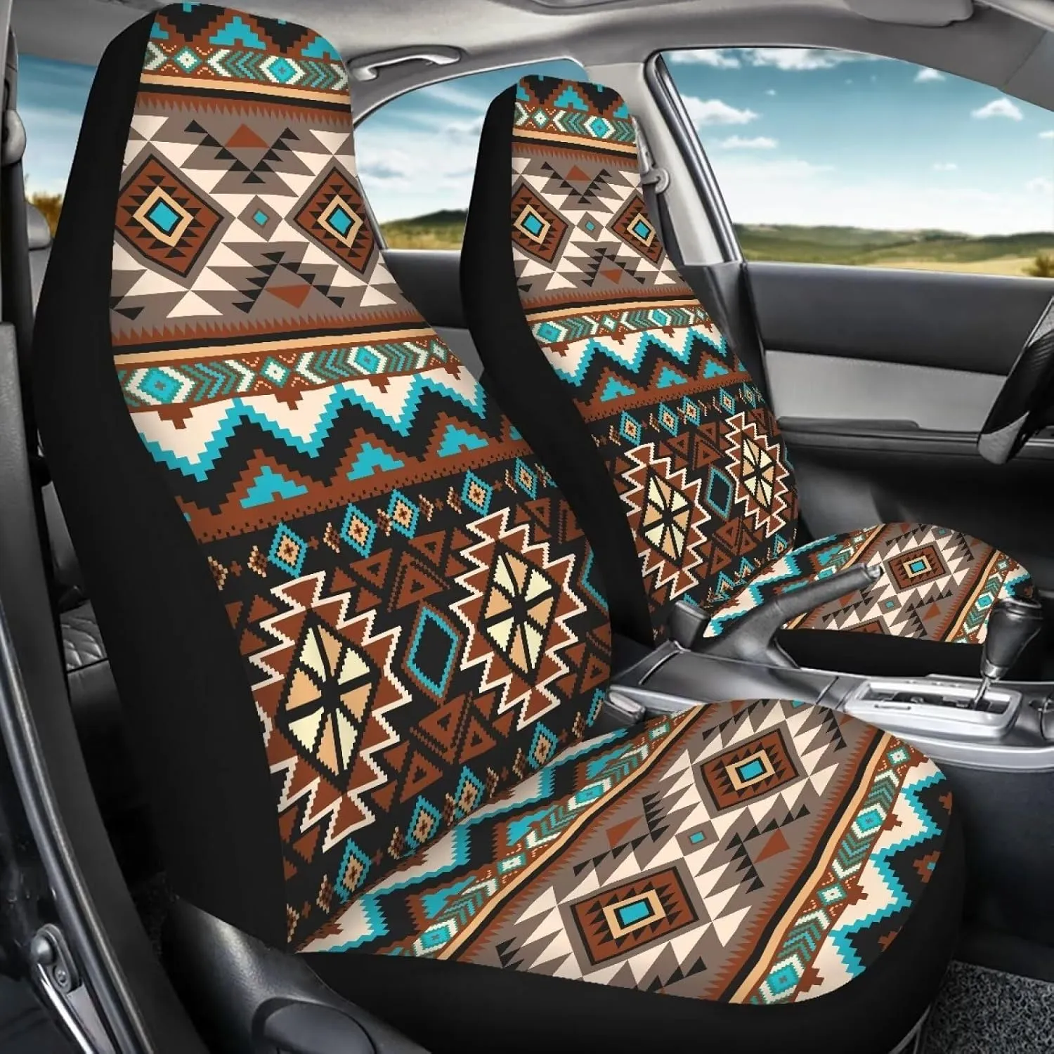 ELEQIN Aztec Tribal Car Front Seat Covers, 2 Pack Polyester Automotive Seat ProtectorsSoft & Breathable, Vehicle Interior Accessories for Most Cars