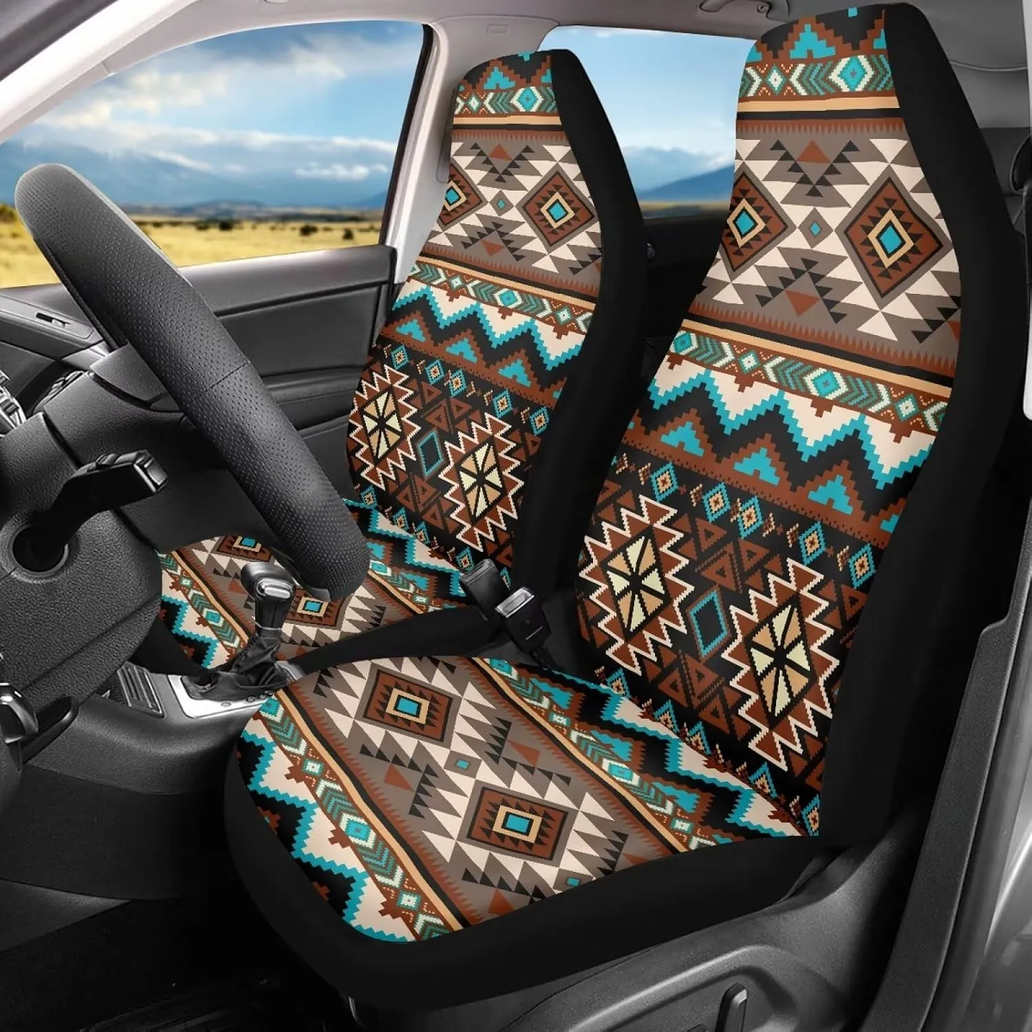 ELEQIN Aztec Tribal Car Front Seat Covers, 2 Pack Polyester Automotive Seat ProtectorsSoft & Breathable, Vehicle Interior Accessories for Most Cars