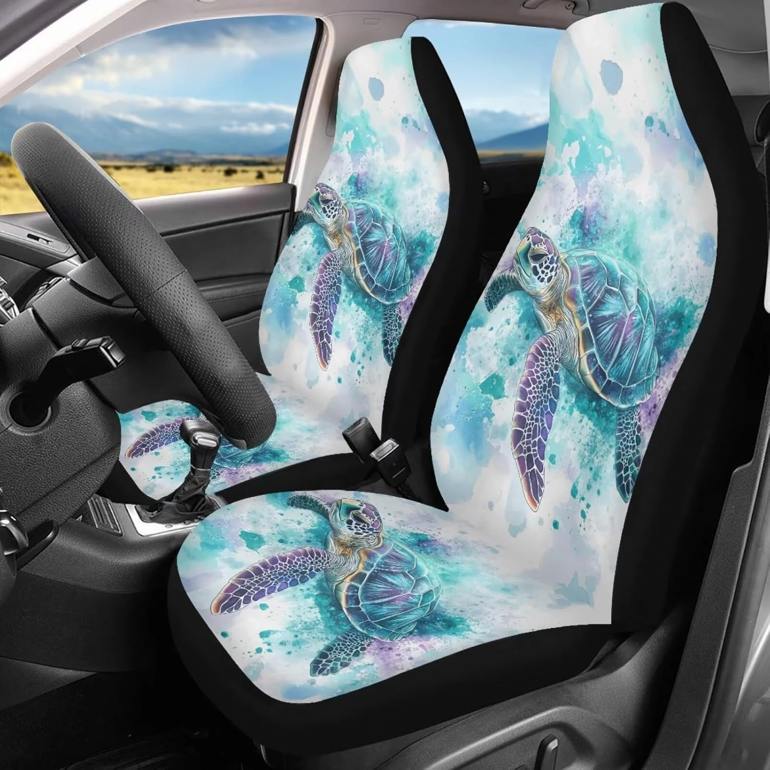 ELEQIN Blue Turtle Car Seat Covers Two Front Only for Car, Automotive Interior Covers, Airbag Compatible, Quick Setup Universal Fit Seat Covers for Car, Truck, SUV