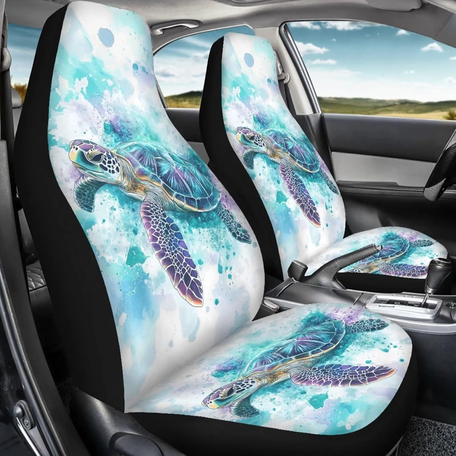 ELEQIN Blue Turtle Car Seat Covers Two Front Only for Car, Automotive Interior Covers, Airbag Compatible, Quick Setup Universal Fit Seat Covers for Car, Truck, SUV