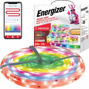 Energizer Smart Indoor & Outdoor RGB IC WW LED 50 Foot Light Strip, Sound Reactive, IP65 Waterproof, Remote Access App & Voice Control with Alexa, Siri, Google, Grouping, Scheduling, Wi-Fi No Hub