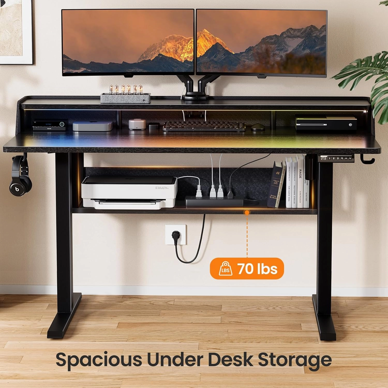 ErGear Standing Desk, 48" x 24" Electric Height Adjustable Desk with Storage Shelves, C-Clamp Mount Compatible, Ergonomic Sit Stand Up Down Computer Table with LED Light for Home Office, Black
