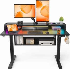 ErGear Standing Desk, 48" x 24" Electric Height Adjustable Desk with Storage Shelves, C-Clamp Mount Compatible, Ergonomic Sit Stand Up Down Computer Table with LED Light for Home Office, Black