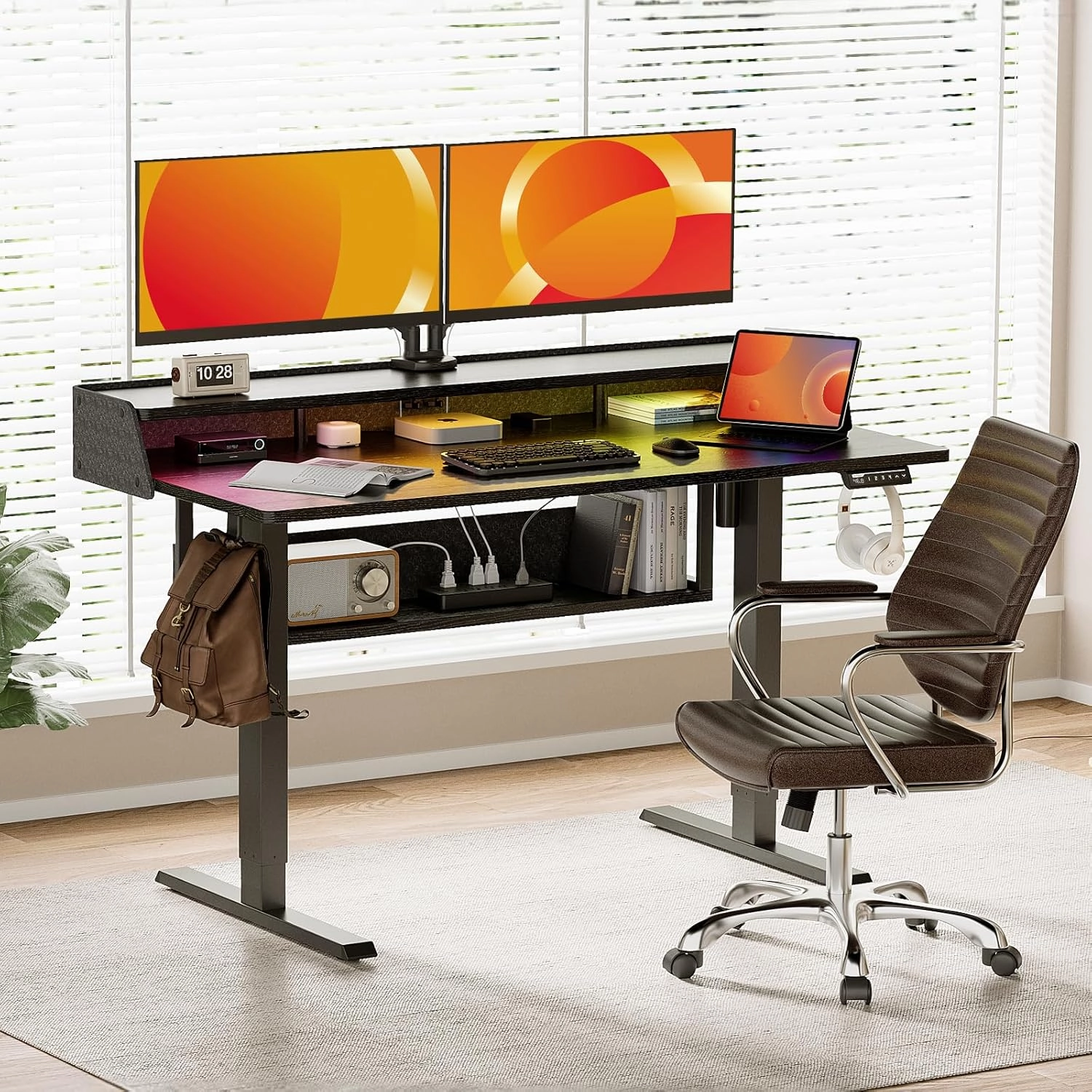ErGear Standing Desk, 48" x 24" Electric Height Adjustable Desk with Storage Shelves, C-Clamp Mount Compatible, Ergonomic Sit Stand Up Down Computer Table with LED Light for Home Office, Black