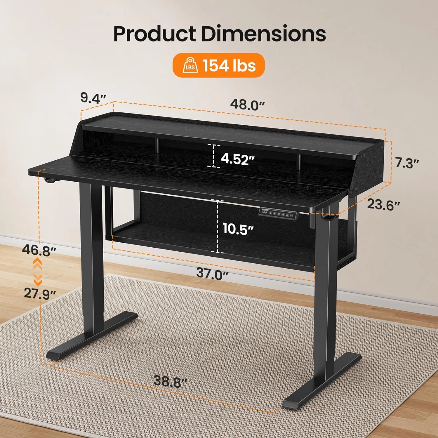 ErGear Standing Desk, 48" x 24" Electric Height Adjustable Desk with Storage Shelves, C-Clamp Mount Compatible, Ergonomic Sit Stand Up Down Computer Table with LED Light for Home Office, Black