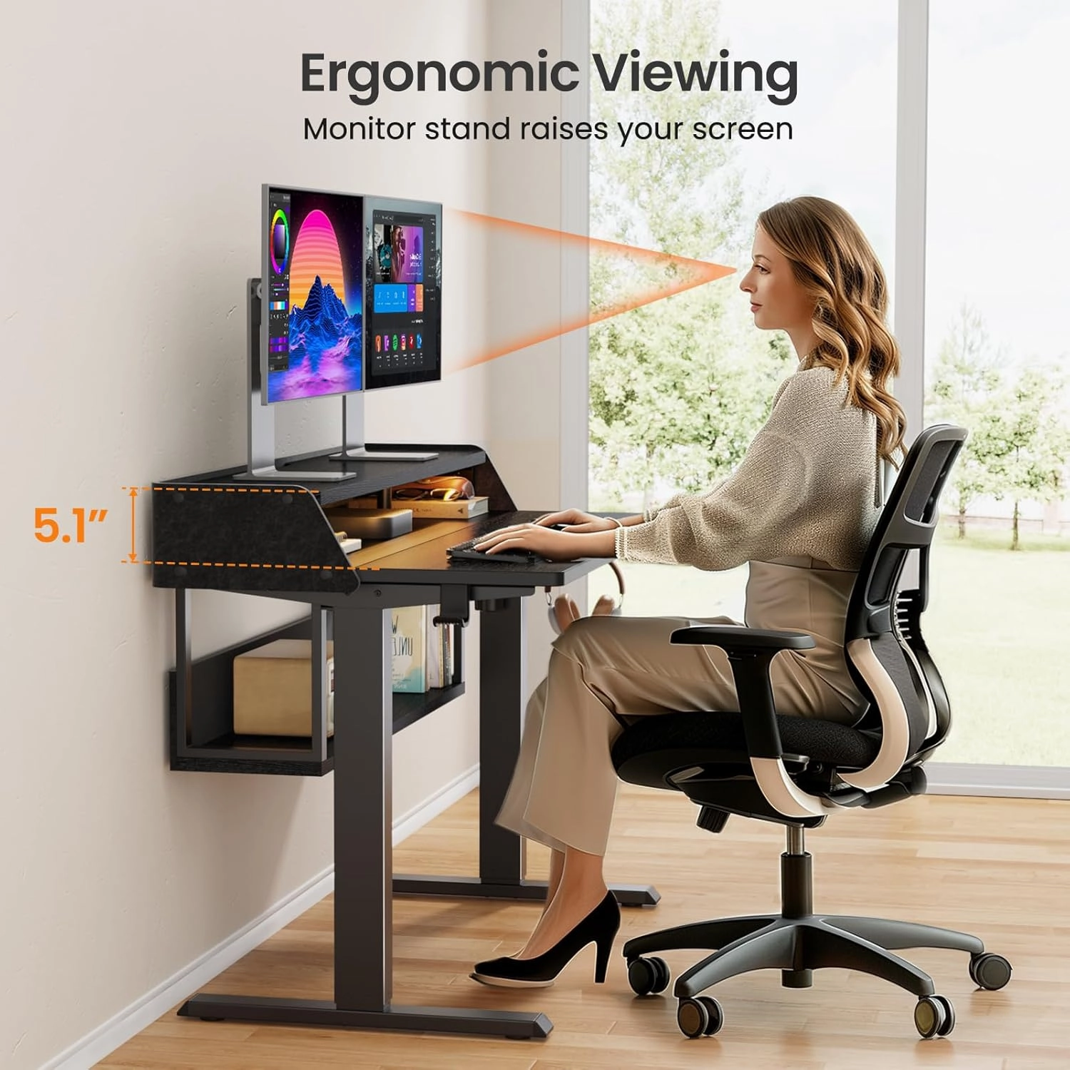ErGear Standing Desk, 48" x 24" Electric Height Adjustable Desk with Storage Shelves, C-Clamp Mount Compatible, Ergonomic Sit Stand Up Down Computer Table with LED Light for Home Office, Black