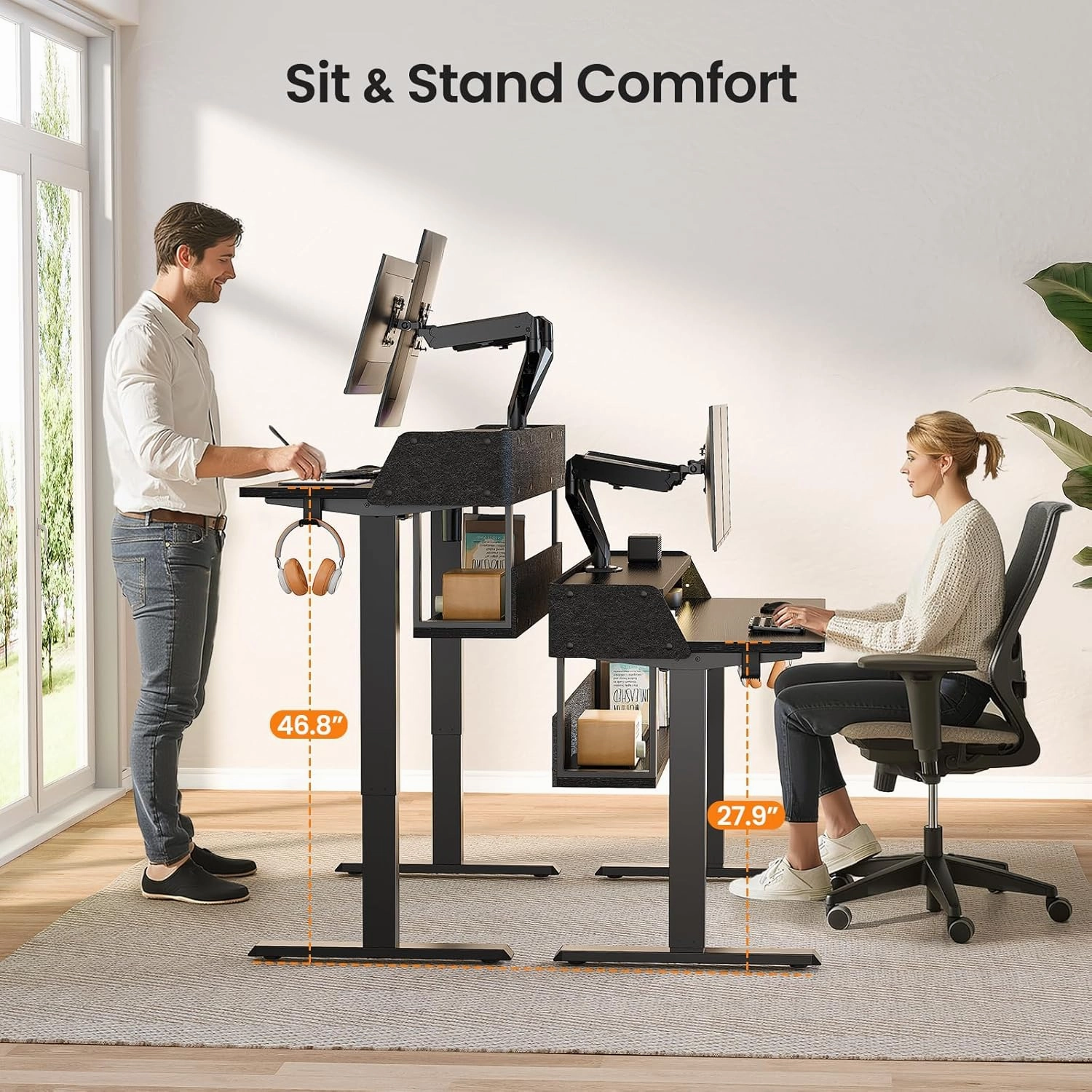 ErGear Standing Desk, 48" x 24" Electric Height Adjustable Desk with Storage Shelves, C-Clamp Mount Compatible, Ergonomic Sit Stand Up Down Computer Table with LED Light for Home Office, Black