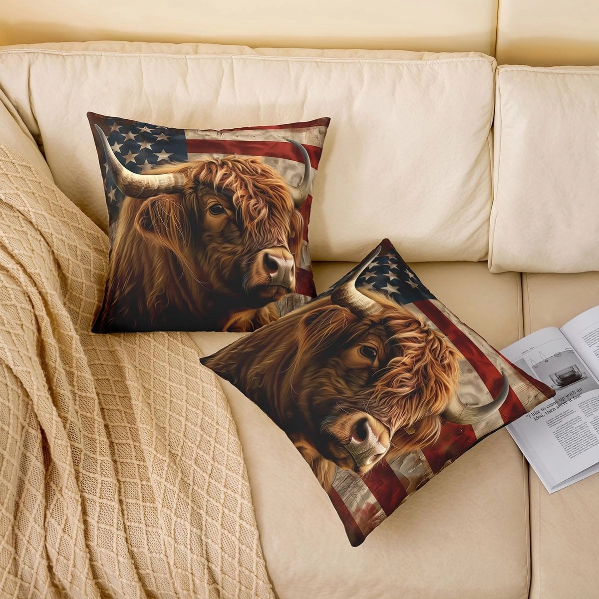 Erosebridal 3D Highland Cattle Throw Pillow Cover 24x24 Inch,Federation American Flag Pillow Cover,Brown Cute Cow Cushion Cover,Funny African Safari Animal Decorative Pillow Cover,Bedroom Decor