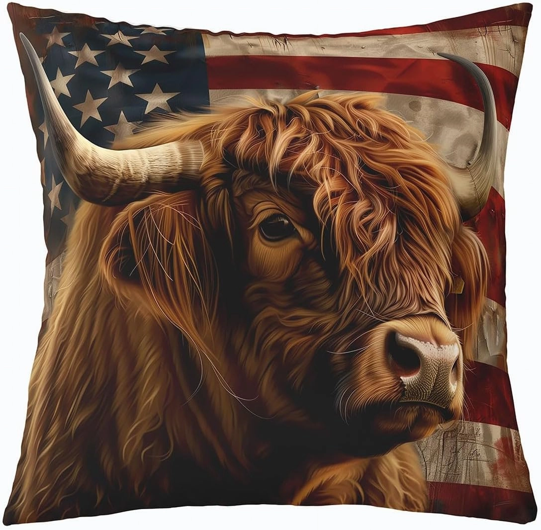 Erosebridal 3D Highland Cattle Throw Pillow Cover 24x24 Inch,Federation American Flag Pillow Cover,Brown Cute Cow Cushion Cover,Funny African Safari Animal Decorative Pillow Cover,Bedroom Decor