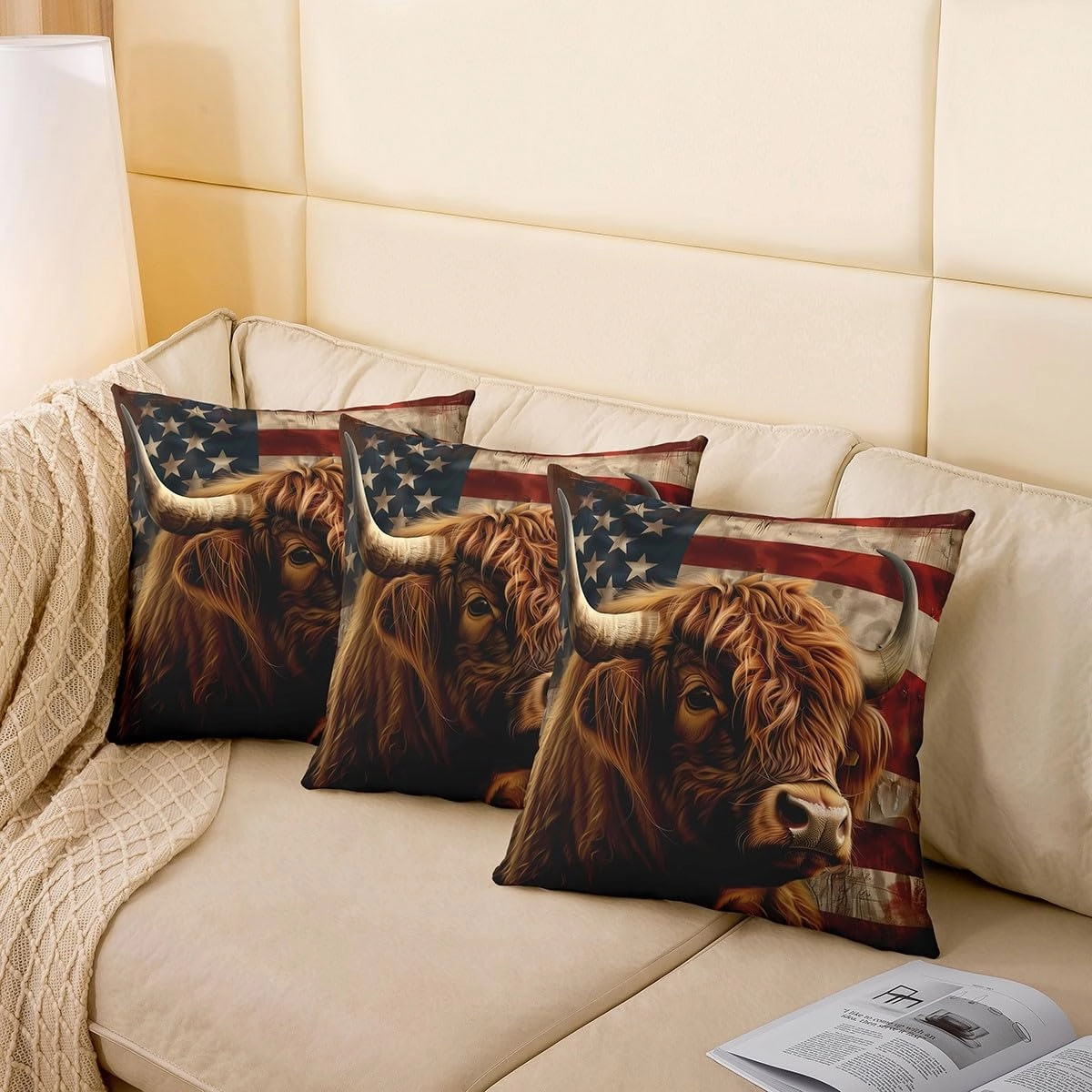 Erosebridal 3D Highland Cattle Throw Pillow Cover 24x24 Inch,Federation American Flag Pillow Cover,Brown Cute Cow Cushion Cover,Funny African Safari Animal Decorative Pillow Cover,Bedroom Decor