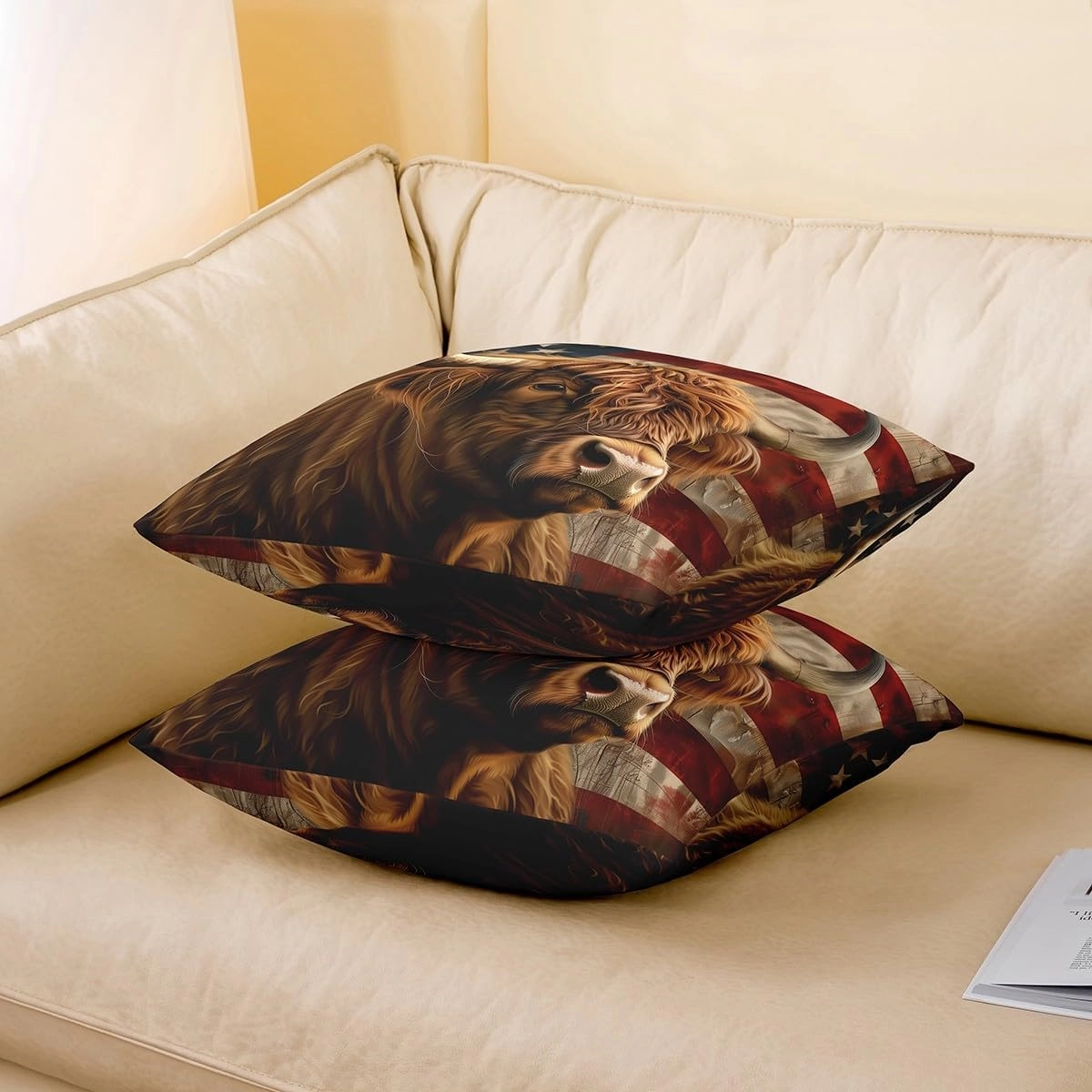 Erosebridal 3D Highland Cattle Throw Pillow Cover 24x24 Inch,Federation American Flag Pillow Cover,Brown Cute Cow Cushion Cover,Funny African Safari Animal Decorative Pillow Cover,Bedroom Decor