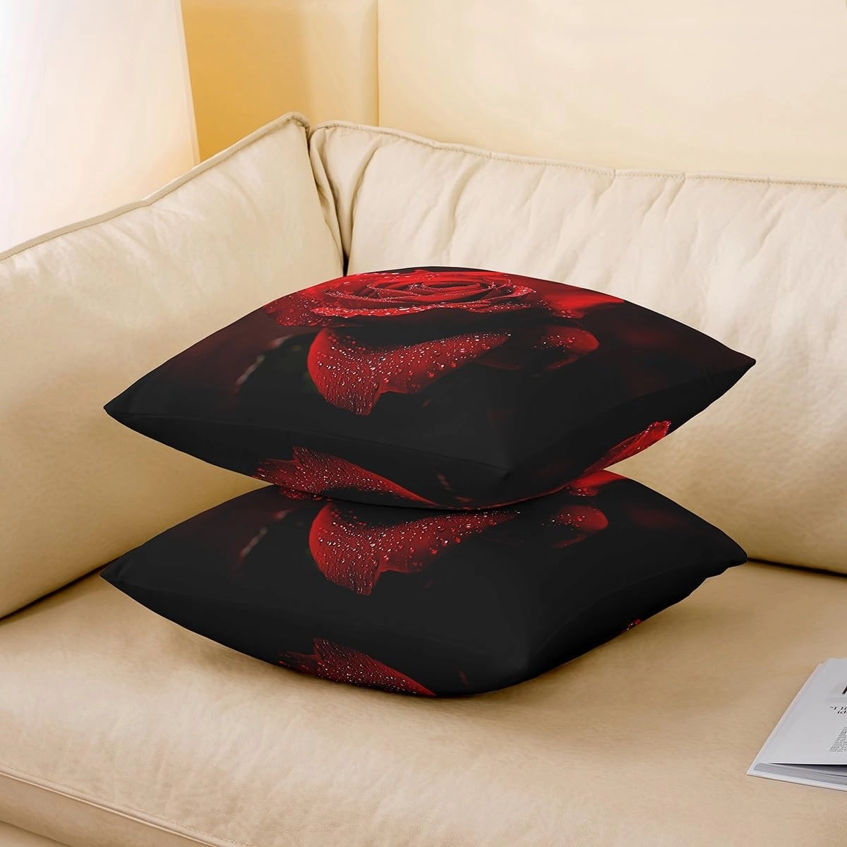 Erosebridal 3D Red Rose Set of 4 Throw Pillow Covers 16x16 Inch, Flowers Pillow Covers, Romantic Floral Cushion Covers, Dew Botanical Decorative Pillow Covers