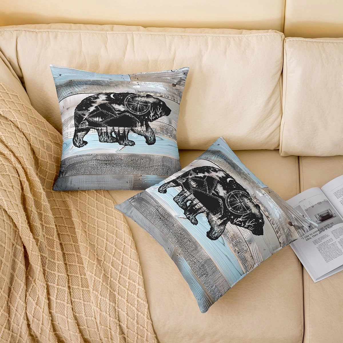 Erosebridal Bear Rustic Pillow Cover Farmhouse Style Throw Pillow Cover,Lodge Cabin Grey Blue Wooden Plank Woodland Wildlife Decorative Pillow Cover,Big Cat Sketch Room Decor 24x24 Inch