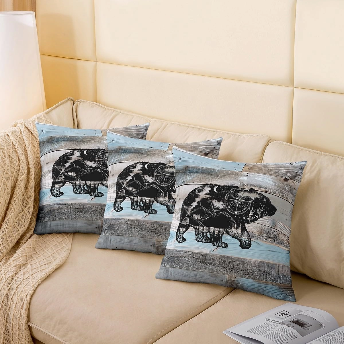 Erosebridal Bear Rustic Pillow Covers Farmhouse Style Throw Pillow Covers,Lodge Cabin Grey Blue Wooden Plank Woodland Wildlife Decorative Pillow Covers,Big Cat Sketch Room Decor 20x20 Inch Set of 4