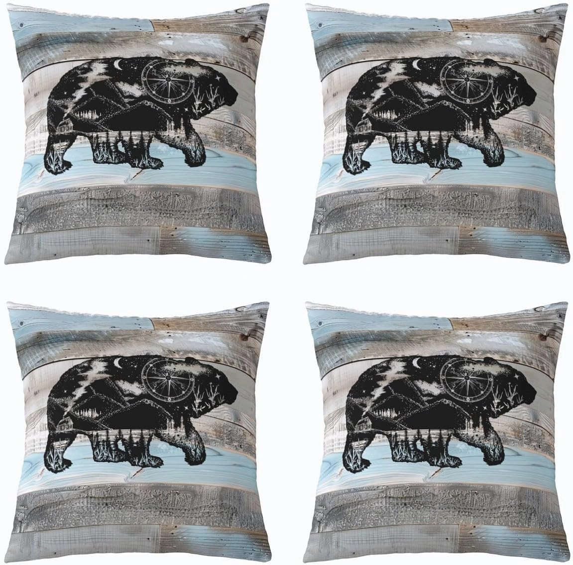 Erosebridal Bear Rustic Pillow Covers Farmhouse Style Throw Pillow Covers,Lodge Cabin Grey Blue Wooden Plank Woodland Wildlife Decorative Pillow Covers,Big Cat Sketch Room Decor 20x20 Inch Set of 4